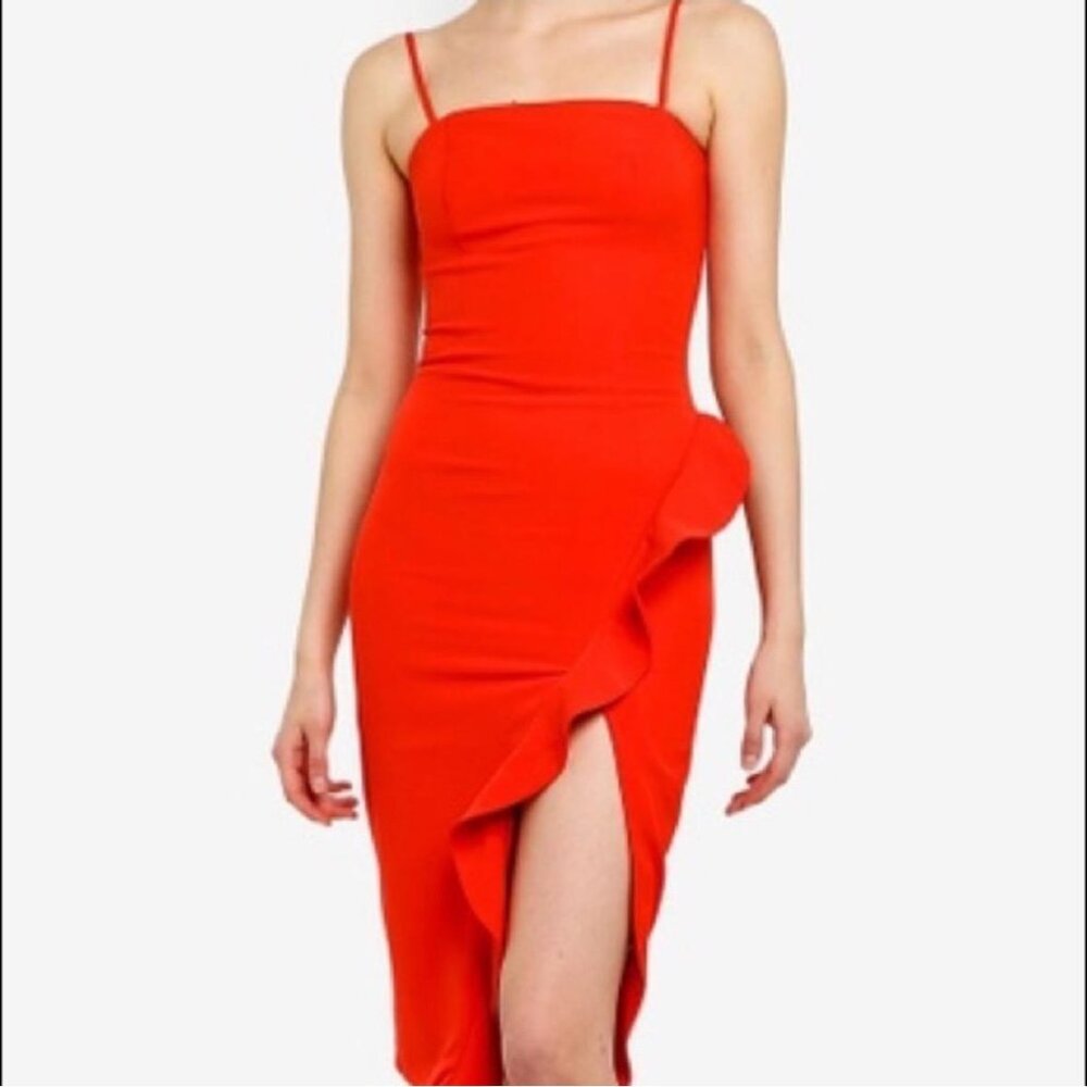 ☑️ Bardot Carmelle Cocktail Dress Ruffle Slit Fitted size 10/L - Picture 10 of 12
